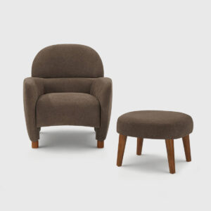 Brown boucle upholstered accent chair with matching ottoman, modern barrel chair with wooden legs for living room