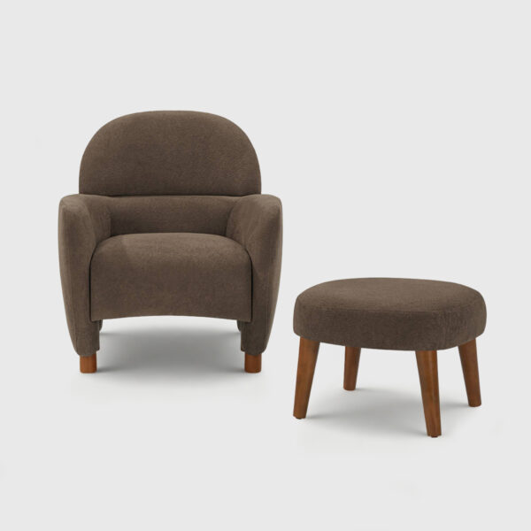 Brown boucle upholstered accent chair with matching ottoman, modern barrel chair with wooden legs for living room