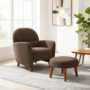 Brown boucle upholstered accent chair with matching ottoman, modern barrel chair with wooden legs for living room