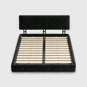 Black velvet tufted queen size platform bed frame with adjustable headboard, wooden slat support bed