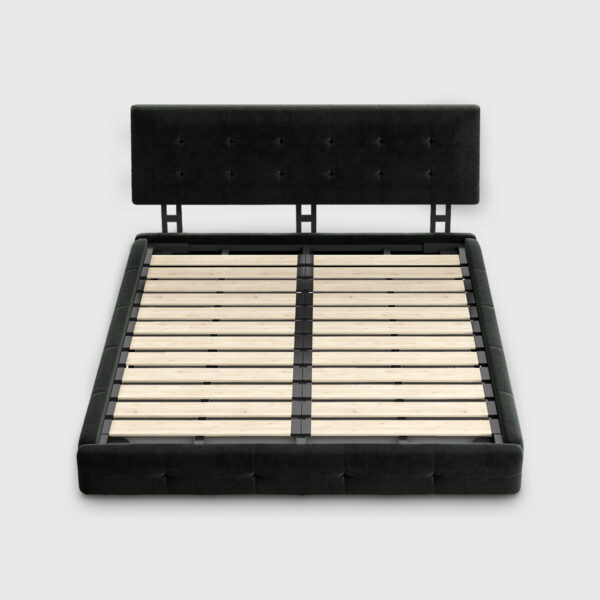 Black Queen Size Chenille Platform Bed with Extra-Large Ultra-Soft Cloud Pillow Design Black velvet tufted queen size platform bed frame with adjustable headboard, wooden slat support bed