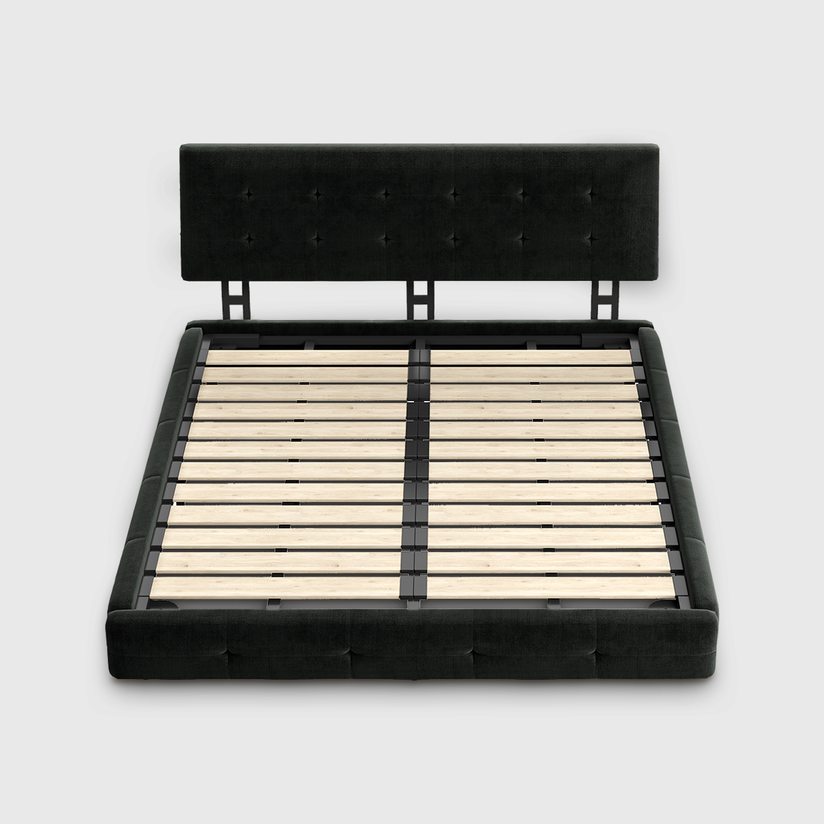 Black Queen Size Chenille Platform Bed with Extra-Large Ultra-Soft Cloud Pillow Design Black velvet tufted queen size platform bed frame with adjustable headboard, wooden slat support bed