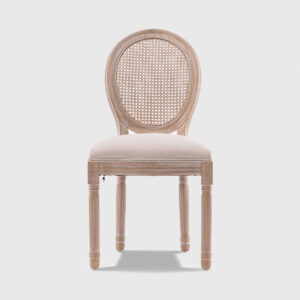 Light oak French cane back dining chair with beige upholstered seat, vintage-inspired accent chair for dining room
