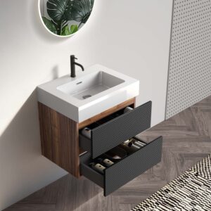 24 Inch Mid-Century Modern Wall Mounted Floating Bathroom Vanity with Engineered Quartz Sink, Soft Black Double Drawers, One-Piece Basin for Modern Bathroom