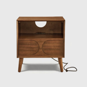 Mid-century modern walnut wood nightstand with built-in charging station, open shelf and drawer, bedside table with USB ports and power outlet