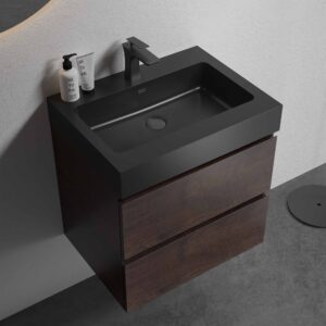 24 inch walnut floating bathroom vanity with sink, wall mounted pre-assembled bathroom vanity, large storage soft-closing drawers black one-piece basin no drain faucet, eco-friendly handle-free vanity