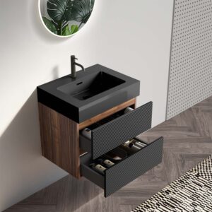 24 inch bathroom vanity with sink, floating wall mounted vanity + matt black quartz one-piece basin