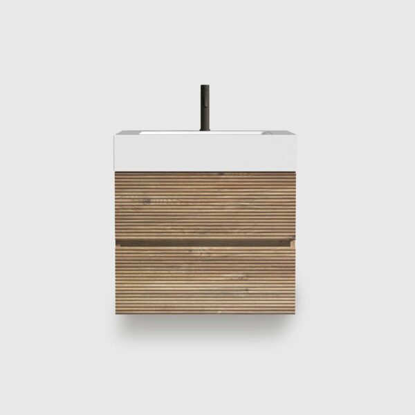 24 inch floating bathroom vanity, double drawers + Rough Oak grille panel + white engineered quartz sink