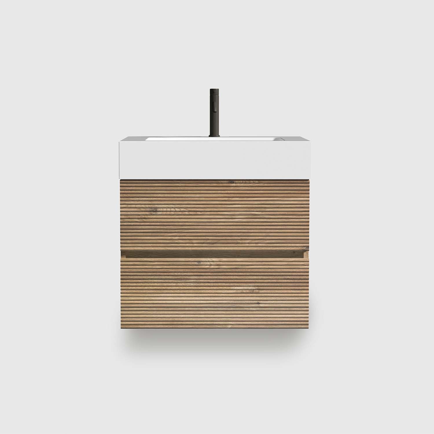 24 inch floating bathroom vanity, double drawers + Rough Oak grille panel + white engineered quartz sink