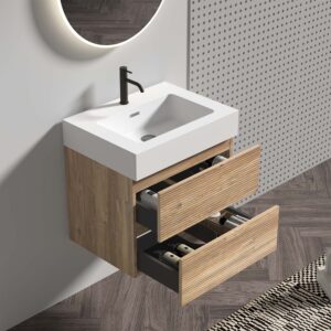 24 inch floating bathroom vanity, double drawers + Rough Oak grille panel + white engineered quartz sink
