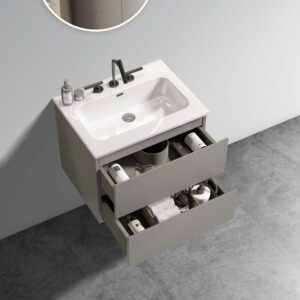 24 inch space grey bathroom vanity with ceramic sink - handle-free design for modern bathrooms