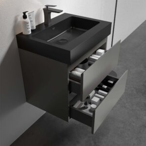 24 inch gray floating bathroom vanity with black sink, wall mounted modern cabinet for small bathroom