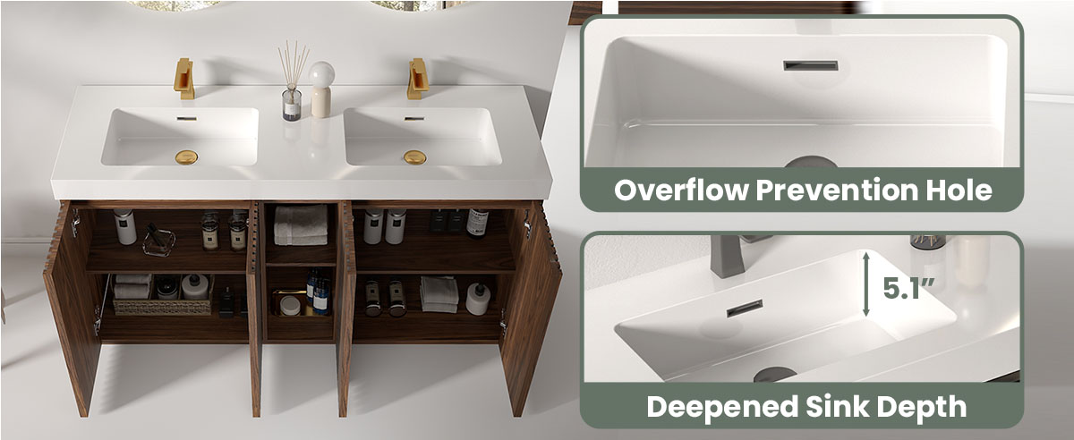 60 inch Winston Walnut double sink bathroom vanity with sink, freestanding modern bathroom vanity cabinet, white quartz sink basin no drain faucet, large storage adjustable shelves