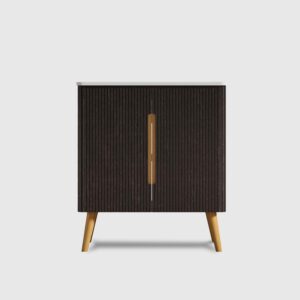 Key features of striped brushed black oak bathroom vanity with sink. Dual installation: Freestanding & wall mounted options.Integrated glossy white ceramic sink (easy to clean).Dual-door cabinet for ample dust/waterproof storage.Curved safety edges to eliminate sharp corners .Stylish striped wood grain elevates modern bathroom decor A versatile bathroom cabinet that combines functionality and sophistication.