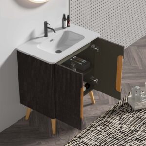 Key features of striped brushed black oak bathroom vanity with sink. Dual installation: Freestanding & wall mounted options.Integrated glossy white ceramic sink (easy to clean).Dual-door cabinet for ample dust/waterproof storage.Curved safety edges to eliminate sharp corners .Stylish striped wood grain elevates modern bathroom decor A versatile bathroom cabinet that combines functionality and sophistication.