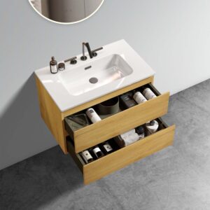 30 inch natural oak bathroom vanity with ceramic sink - floating design for modern space