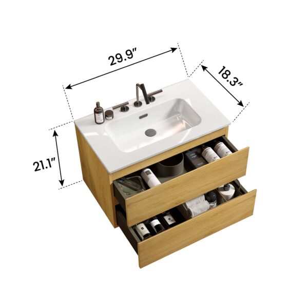 30-Wall Mount Natural-Oak- Bathroom Vanity - Ceramic Sink -three faucet holes (2)