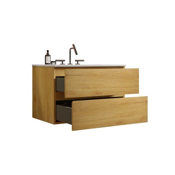 30-Wall Mount Natural-Oak- Bathroom Vanity - Ceramic Sink -three faucet holes (3)