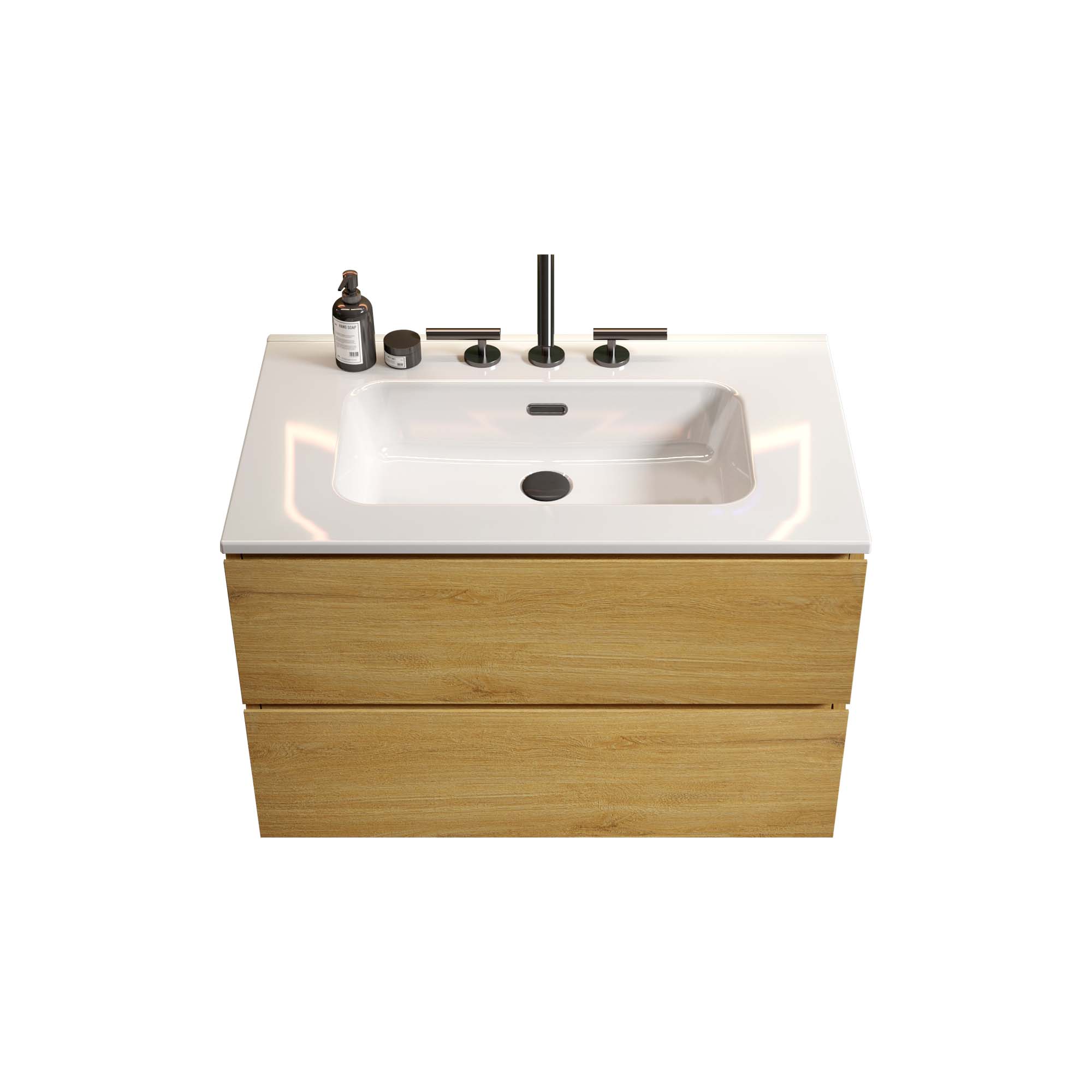 30-Wall Mount Natural-Oak- Bathroom Vanity - Ceramic Sink -three faucet holes (4)