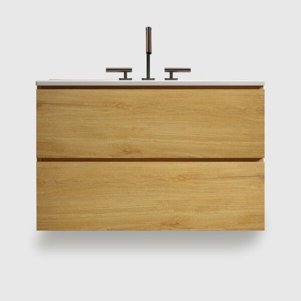 30-Wall Mount Natural-Oak- Bathroom Vanity - Ceramic Sink -three faucet holes (5) 30 inch natural oak bathroom vanity with ceramic sink - floating design for modern space