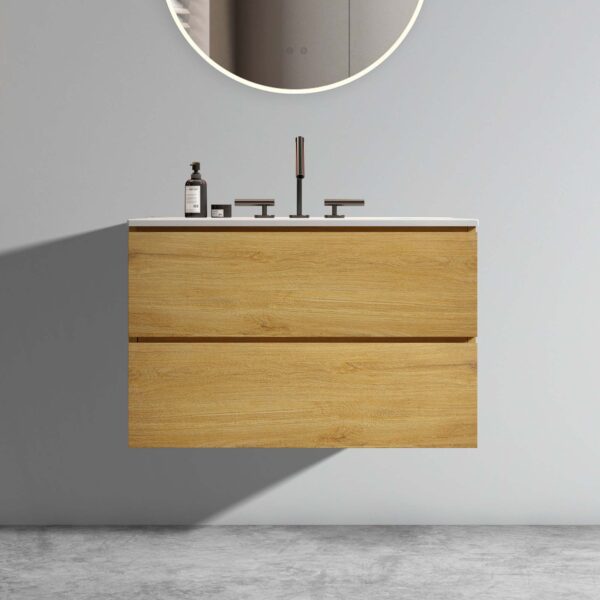 30-Wall Mount Natural-Oak- Bathroom Vanity - Ceramic Sink -three faucet holes (6)