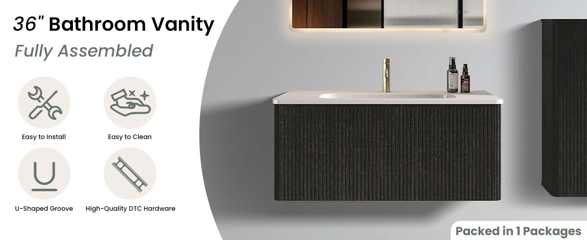 ETNA 36" Black Oak Floating Bathroom Vanity with White Integrated Sink, Fully Assembled, Easy Install & DTC Hardware