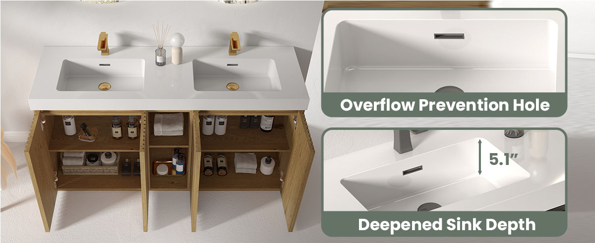 60 inch Knotty Oak double sink bathroom vanity with sink, freestanding modern bathroom vanity cabinet, white quartz sink basin no drain faucet, large storage adjustable shelves