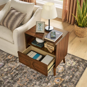 Mid-century modern walnut wood nightstand with built-in charging station, open shelf and drawer, bedside table with USB ports and power outlet