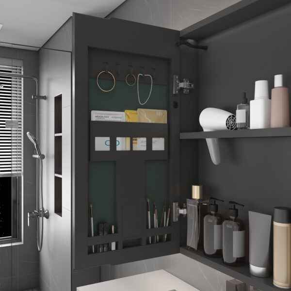 Aluminum alloy bathroom mirror cabinet with LED strip light, defogging function, multi-door design and rounded anti-collision corners