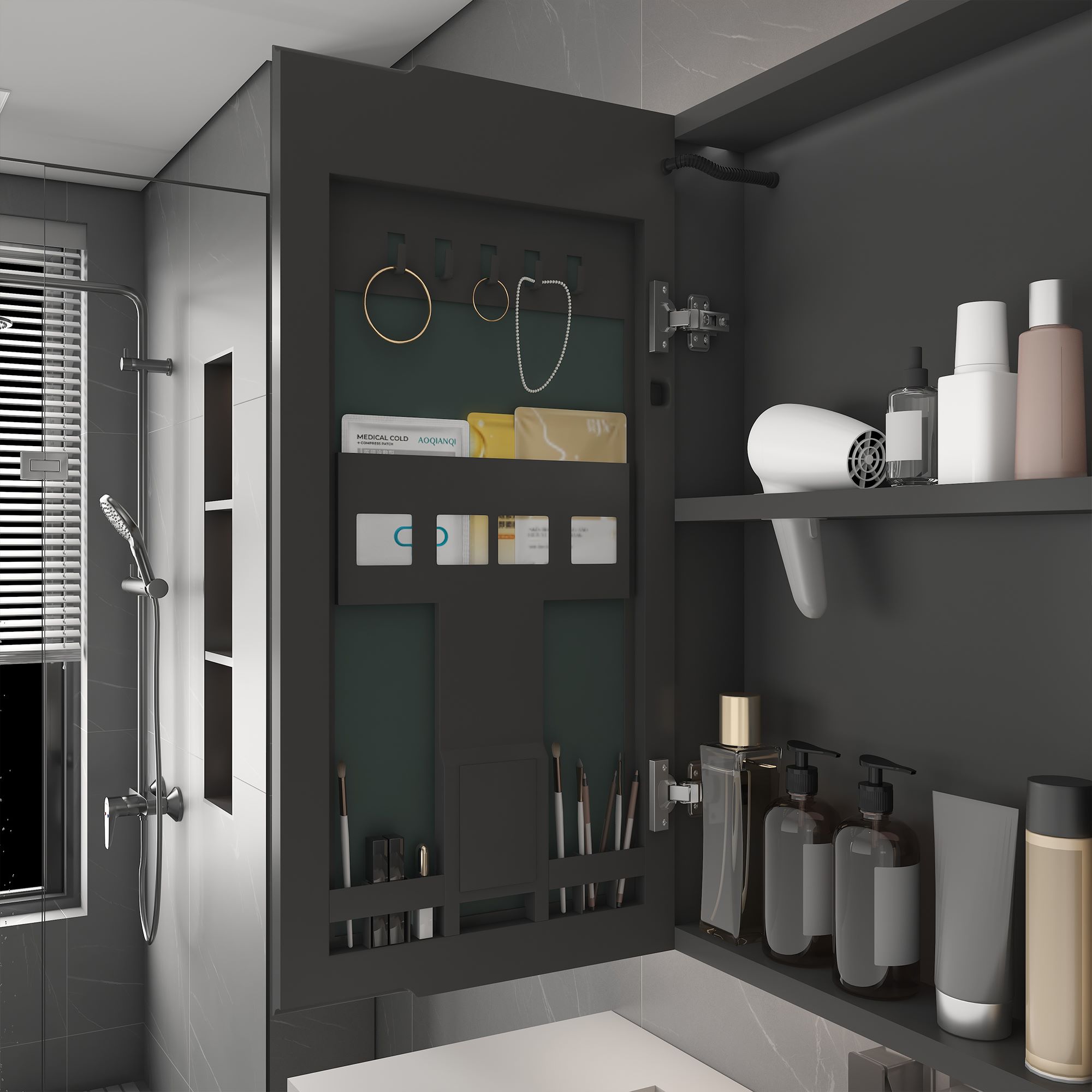 Aluminum alloy bathroom mirror cabinet with LED strip light, defogging function, multi-door design and rounded anti-collision corners