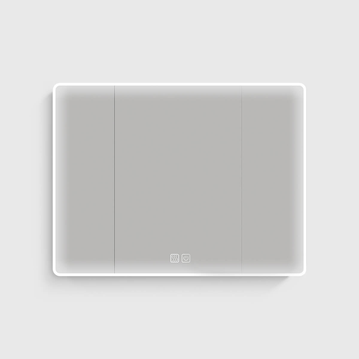 Aluminum alloy bathroom mirror cabinet with LED strip light, defogging function, multi-door design and rounded anti-collision corners