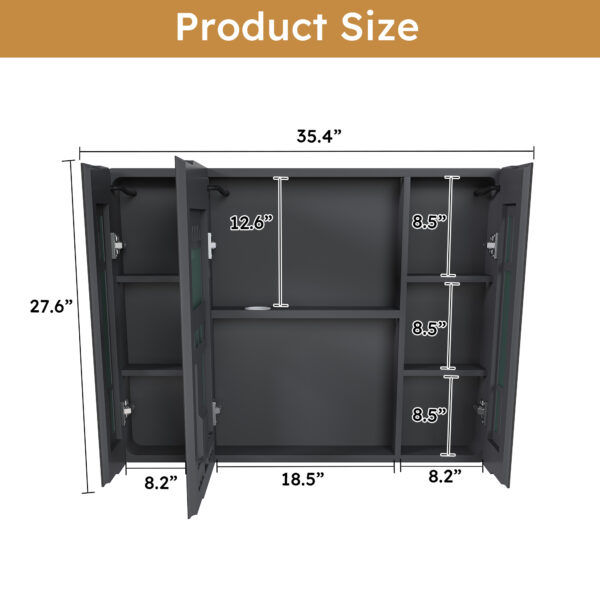 Aluminum alloy bathroom mirror cabinet with LED strip light, defogging function, multi-door design and rounded anti-collision corners