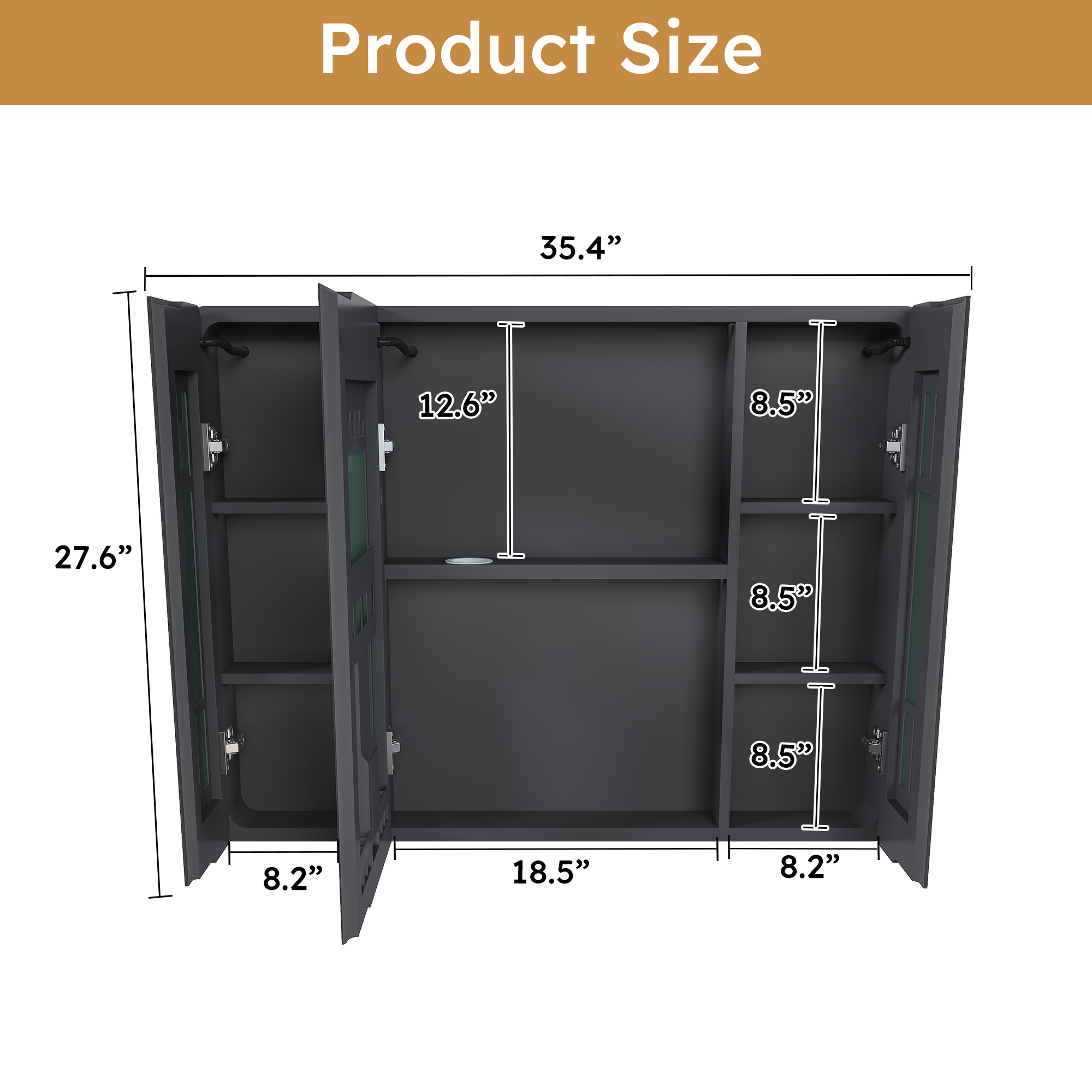 Aluminum alloy bathroom mirror cabinet with LED strip light, defogging function, multi-door design and rounded anti-collision corners