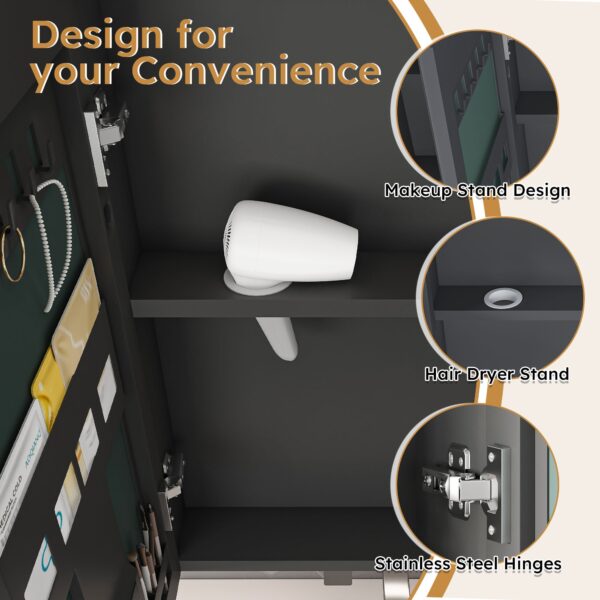 Aluminum alloy bathroom mirror cabinet with LED strip light, defogging function, multi-door design and rounded anti-collision corners