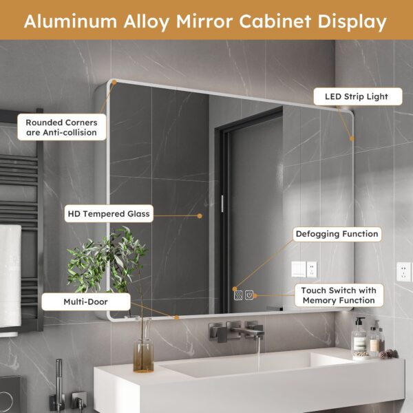 Aluminum alloy bathroom mirror cabinet with LED strip light, defogging function, multi-door design and rounded anti-collision corners