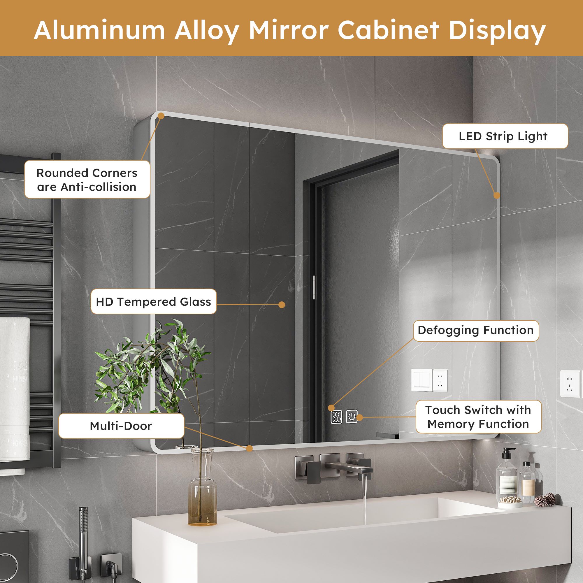 Aluminum alloy bathroom mirror cabinet with LED strip light, defogging function, multi-door design and rounded anti-collision corners
