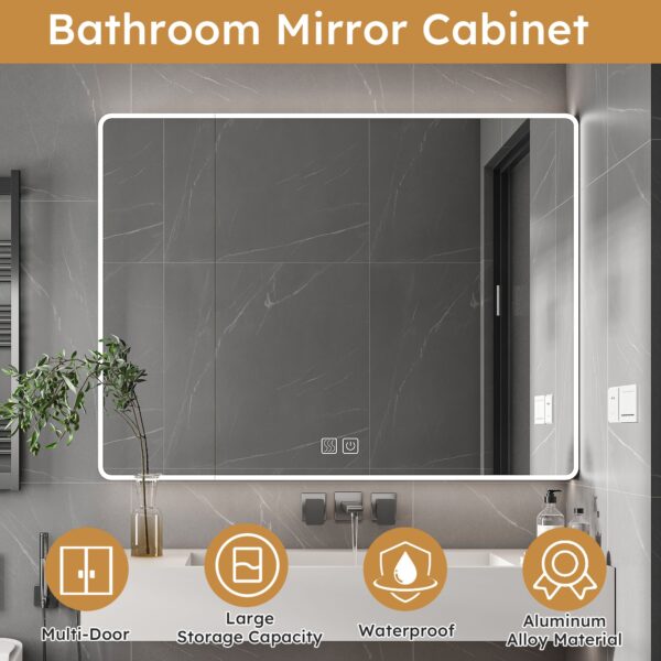 Aluminum alloy bathroom mirror cabinet with LED strip light, defogging function, multi-door design and rounded anti-collision corners