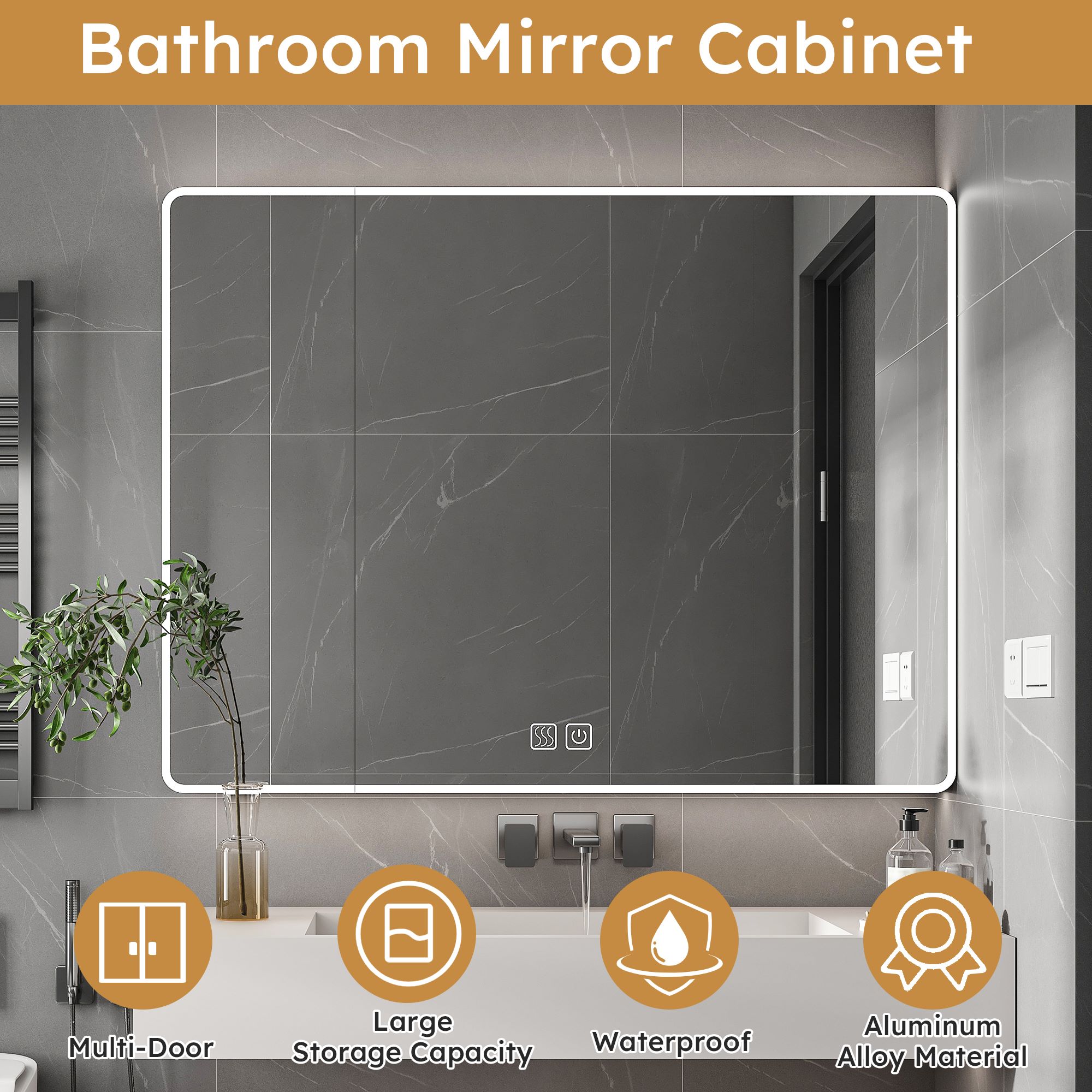 Aluminum alloy bathroom mirror cabinet with LED strip light, defogging function, multi-door design and rounded anti-collision corners