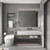 Aluminum alloy bathroom mirror cabinet with LED strip light, defogging function, multi-door design and rounded anti-collision corners