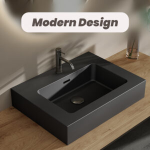 Matte black 24 inch engineered quartz basin with integrated overflow for small bathroom vanity