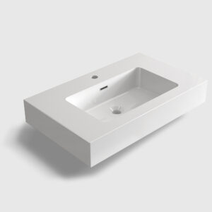 Contemporary 30 inch solid surface basin with glossy white seamless finish and overflow