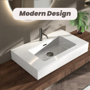 Contemporary 30 inch solid surface basin with glossy white seamless finish and overflow