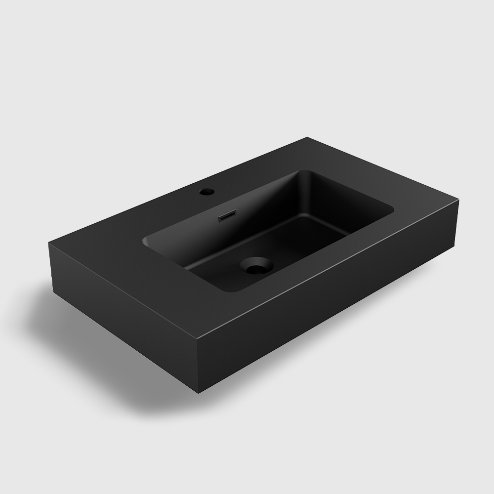 Sleek 30 inch matte black quartz sand basin with integrated overflow and smooth finish