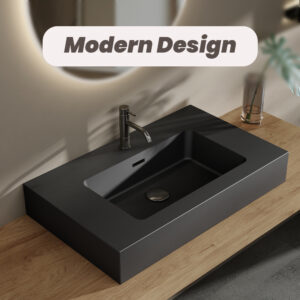 Sleek 30 inch matte black quartz sand basin with integrated overflow and smooth finish