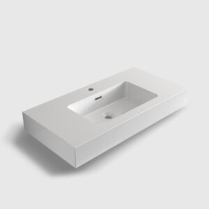 Spacious 36 inch glossy white integrated solid surface basin with overflow for double vanity