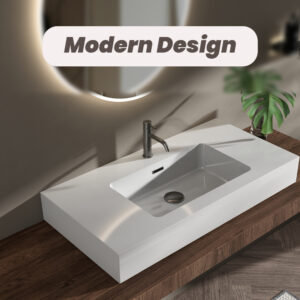 Spacious 36 inch glossy white integrated solid surface basin with overflow for double vanity