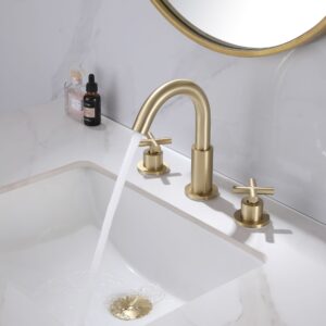 Brushed gold widespread bathroom sink faucet with cross handles and matching pop-up drain, modern 3-hole vanity faucet set