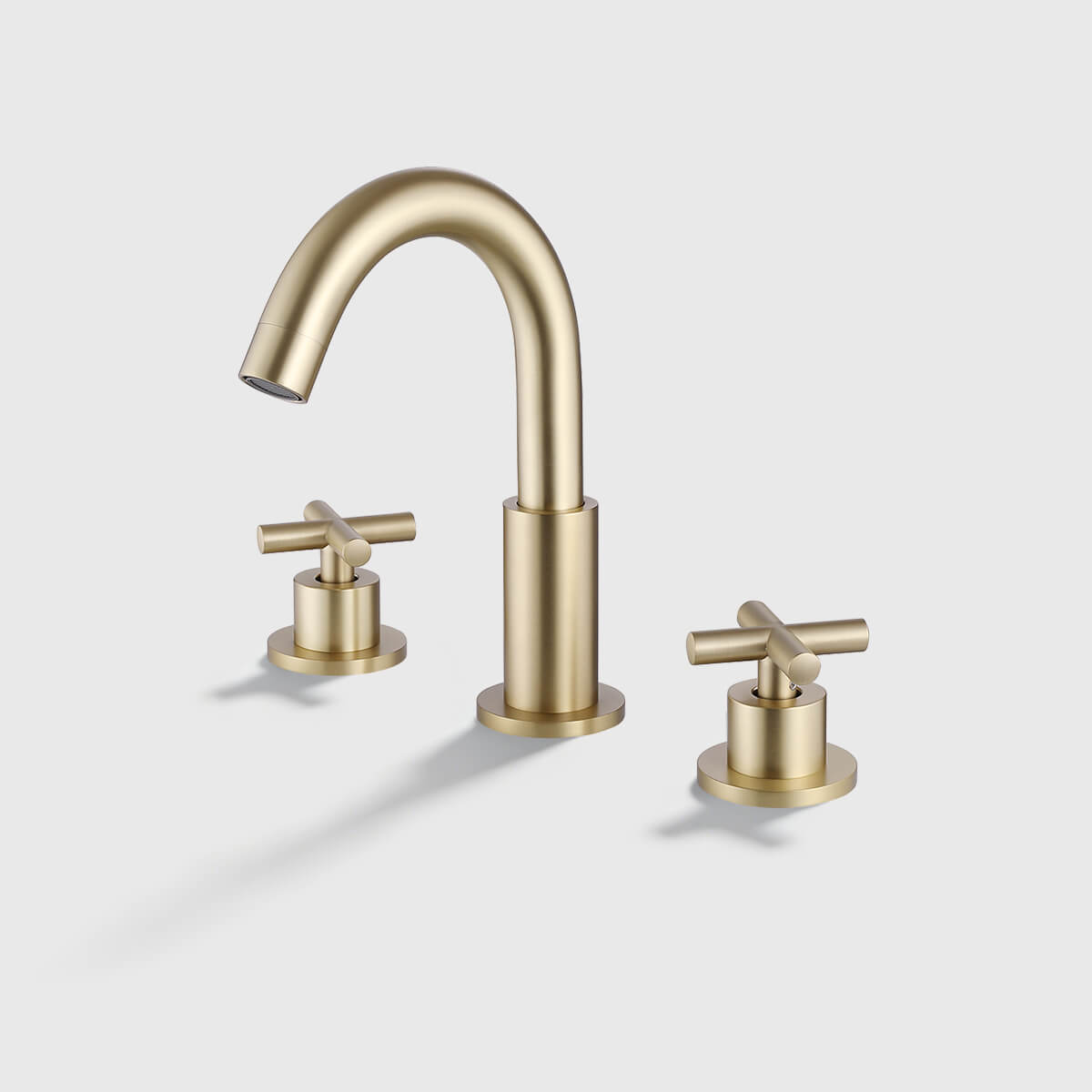 Brushed gold widespread bathroom sink faucet with cross handles and matching pop-up drain, modern 3-hole vanity faucet set