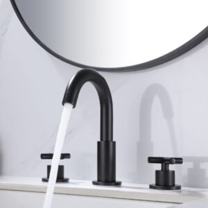 Matte black widespread bathroom sink faucet with cross handles and matching pop-up drain, modern 3-hole vanity faucet set