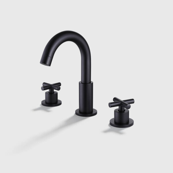 Matte black widespread bathroom sink faucet with cross handles and matching pop-up drain, modern 3-hole vanity faucet set